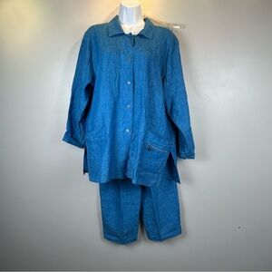 VTG Nino Wong Linen Pants & Top Matching Set Womens Small Blue Made In USA 80s